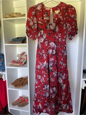 MAEVE(Anthropologie) Hi-Low Printed Red MIDI w/ Pockets